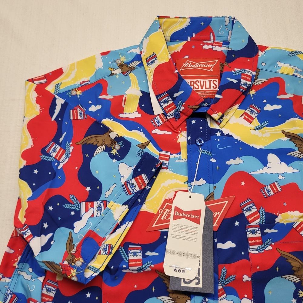 RSVLTS Button Down Shirt Mens Large Blue Budweiser Kunuflex Short Sleeve Stretch - Picture 3 of 11